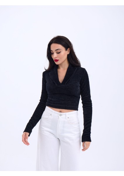 42531 Triko Simli Yakalı Crop-Siyah