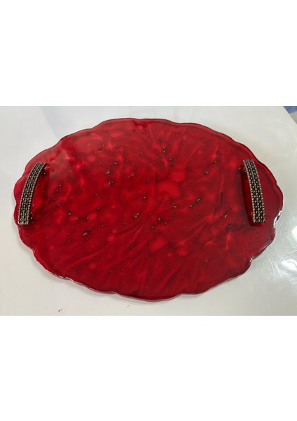 Epoksi Reçine Tepsi - Kırmızı Desenli - Ebat 24 cm x 34 cm