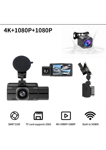 3 Kameralı 4K 3" Ekran 128GB App Kontrolü Gps Wifi Aktif 2025 Serisi Araç Güvenlik Kamerası