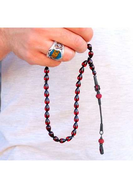 Kazaz Püsküllü Damla Kesim Kırmızı Sürmeli Ateş Kehribar Tesbih 201020785 modelleri