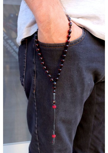 Kazaz Püsküllü Damla Kesim Kırmızı Sürmeli Ateş Kehribar Tesbih 201020785 fırsatları