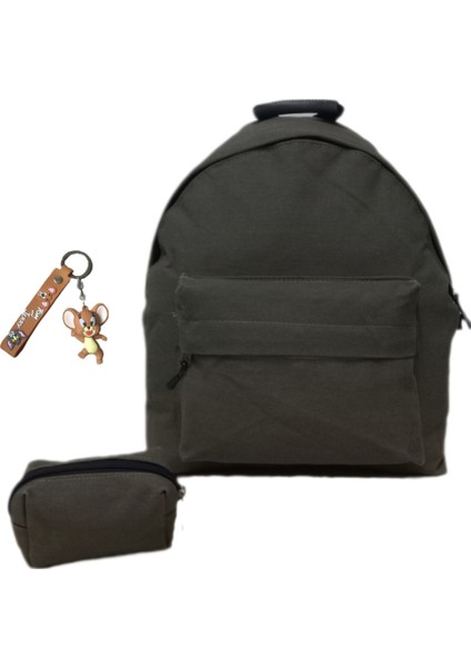 Kanvas Kumaş Haki Unisex Sırt Çantası+Cüzdan+Anahtarlık