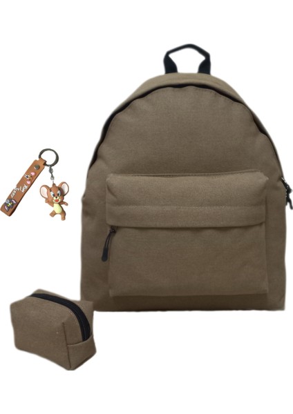 Kanvas Kumaş Camel Unisex Sırt Çantası +Cüzdan+Anahtarlık