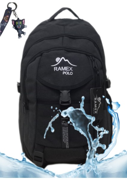 Ramex Polo Siyah (Füme) Outdoor Kanvas Kumaş Körüklü Büyük Boy Dağcı Sırt Çantası+Anahtarlık