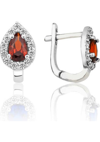 Gümüş Kırmızı Taşlı Damla J Kadın Küpe