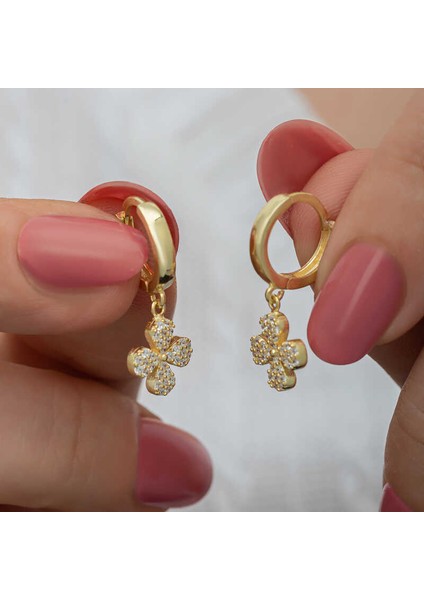 Gümüş Gold Sallantılı Yonca Kadın Küpe