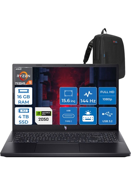 Nitro V15 Amd Ryzen 5 7535HS 16GB Ddr5 4tb SSD 4GB/RTX2050/75W Freedos 15.6" Fhd 144Hz Taşınabilir Bilgisayar ANV15R3F8F04 + Zettaçanta