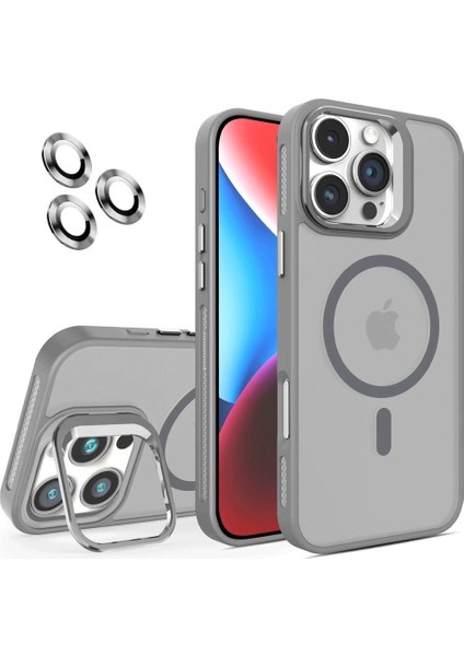 Apple iPhone 16 Pro Max Kılıf Standlı Mat Magsafe Metal Tuşlu Kamera Lens Kapak