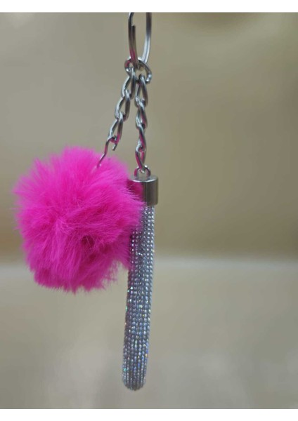 Gümüş Angel Anahtarlık Minik Ponpon Seçenekli Fuşya Ponpon