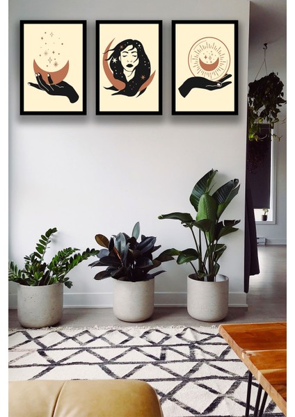3 Parça Çerçeve Görünümlü Şık Boho Tablo Modeli, Oturma Odası, Salon, Ofis, Yatak Odası Duvar Dekoru