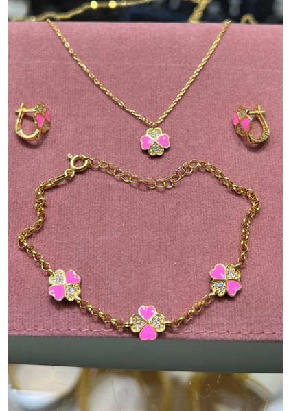 Gümüş Çocuk Yonca Model Küpe Kolye ve Bileklik Takım
