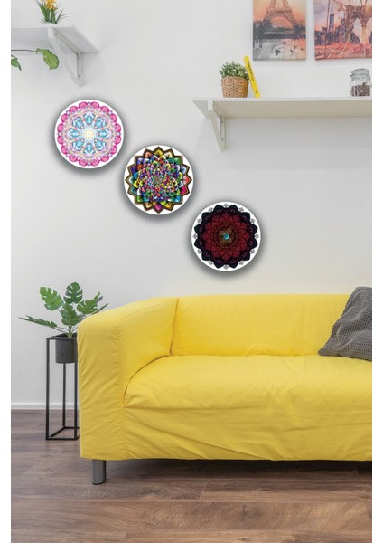 Mandala Desenli 3'lü Ahşap Tablo Modeli, Ev, Oturma Odası, Salon, Ofis Şık Duvar Dekorasyonu