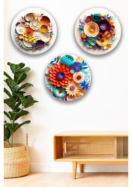 3 Parça Kabartmalı Modern Çiçek Mdf Tablo Seti, Oturma Odası, Salon, Ofis, Ev Duvar Tablosu Dekoru