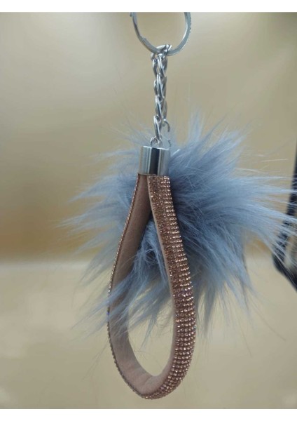 Camel Taşlı Tilki Tüyü Gri Angel Anahtarlık