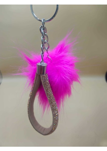 Camel Taşlı Tilki Tüyü Fuşya Angel Anahtarlık