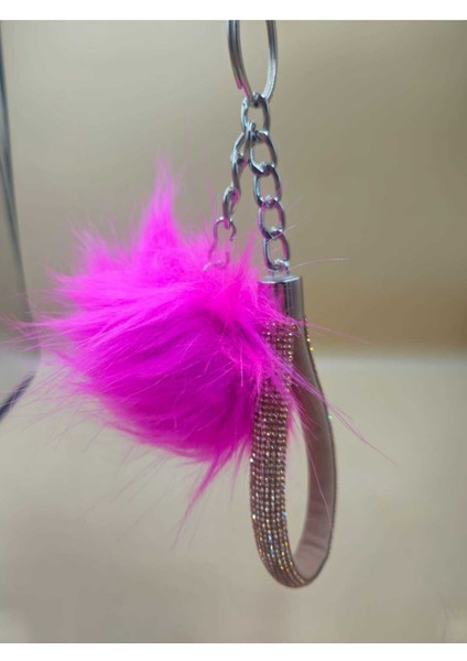 Camel Taşlı Tilki Tüyü Fuşya Angel Anahtarlık modelleri