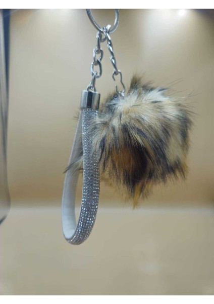 Gümüş Taşlı Tilki Tüyü Leopar Desenli Angel Anahtarlık