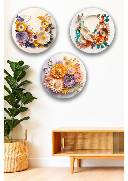 3 Parça Kabartmalı Renkli Çiçek Mdf Tablo Seti, Oturma Odası, Salon, Ofis, Ev Duvar Tablosu Dekoru