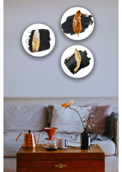 3'lü Tüy Temalı Ahşap Tablo Seti, Dekoratif Süs, Oturma Odası, Yatak Odası, Salon Ofis Duvar Dekoru