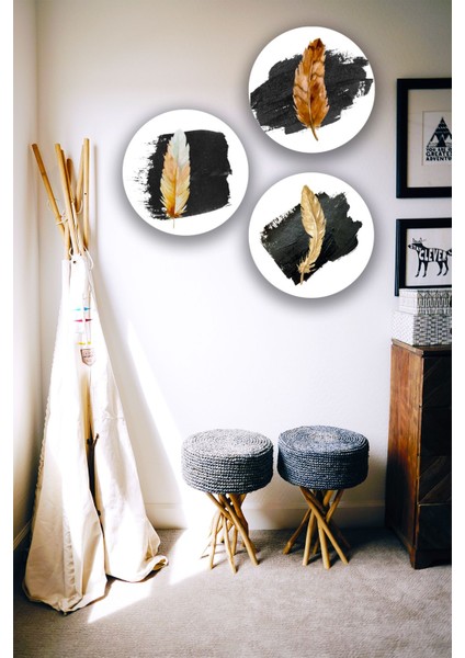 3'lü Tüy Temalı Ahşap Tablo Seti, Dekoratif Süs, Oturma Odası, Yatak Odası, Salon Ofis Duvar Dekoru fiyatları