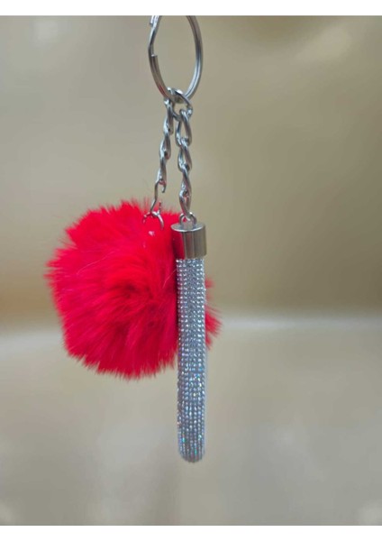 Gümüş Angel Anahtarlık Minik Ponpon Seçenekli Kırmızı Ponpon