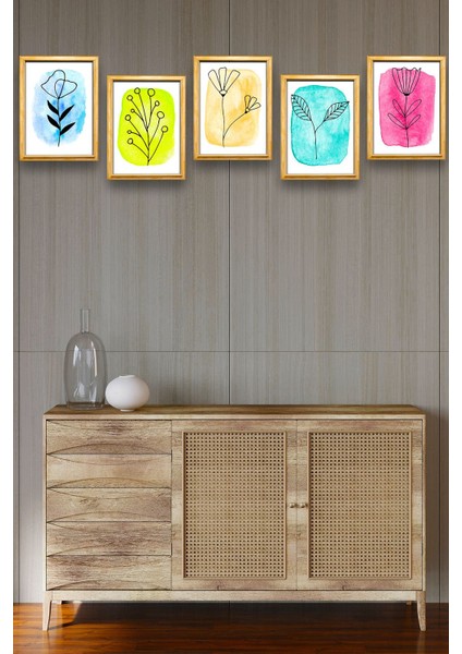 5 Parça Çerçeve Görünümlü Mdf Tablo Seti, Oturma Odası, Salon, Ofis, Ev Duvar Tablosu