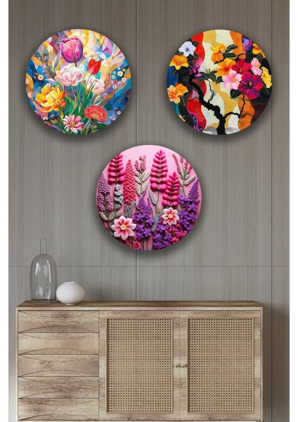 3 Parça Şık Çiçek Resimli Mdf Tablo Seti, Oturma Odası, Salon, Ofis, Ev Duvar Tablosu Dekoru