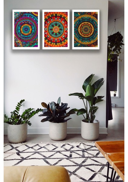 3 Parça Çerçeve Görünümlü Şık Boho Tablo Modeli, Oturma Odası, Salon, Ofis, Yatak Odası Duvar Dekoru