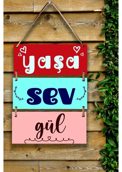 3'lü Mdf Tablo Seti, Yaşa Sev Gül Pozitif Yazı Süsü, Ev, Oturma Odası, Salon, Ofis Duvar Dekoru