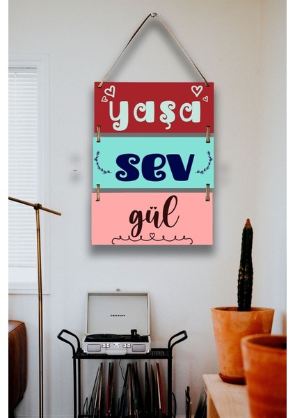 3'lü Mdf Tablo Seti, Yaşa Sev Gül Pozitif Yazı Süsü, Ev, Oturma Odası, Salon, Ofis Duvar Dekoru fırsatları