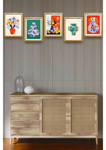 5 Parça Çerçeve Görünümlü Mdf Tablo Seti, Oturma Odası, Salon, Ofis, Ev Duvar Tablosu