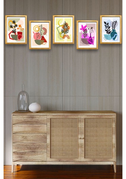 5 Parça Çerçeve Görünümlü Mdf Tablo Seti, Oturma Odası, Salon, Ofis, Ev Duvar Tablosu