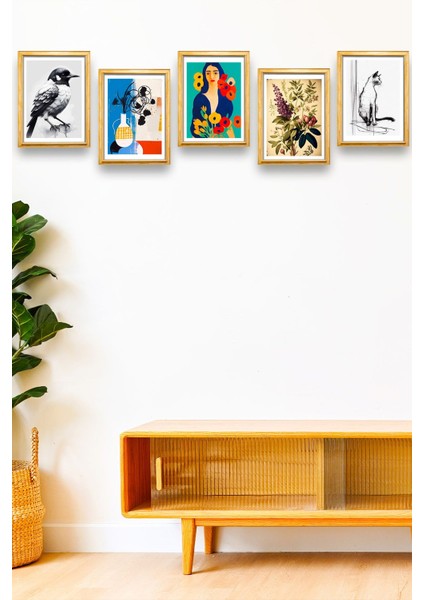 5 Parça Çerçeve Görünümlü Mdf Tablo Seti, Oturma Odası, Salon, Ofis, Ev Duvar Tablosu