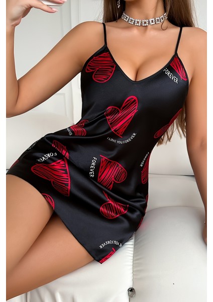 Magic Special Büyük Kırmızı Kalp Desenli Siyah Saten Gecelik