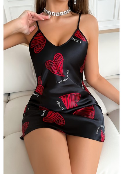 Magic Special Büyük Kırmızı Kalp Desenli Siyah Saten Gecelik fiyatları