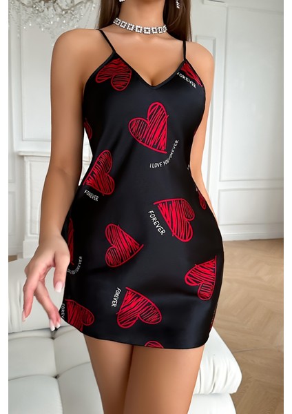 Magic Special Büyük Kırmızı Kalp Desenli Siyah Saten Gecelik modelleri