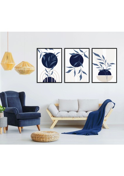 3 Parça Çerçeveli Navy Blue Boho Ahşap Tablo Seti Bestablo