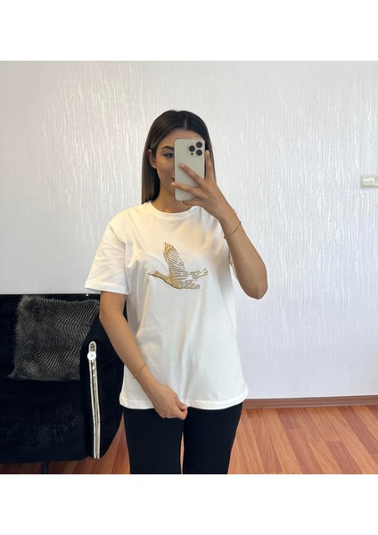 Marka Muadil Kuş Gold Kompakt T-Shirt Kırık Beyaz