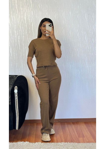 Fitilli Esnek Kumaş Basic Takım Camel