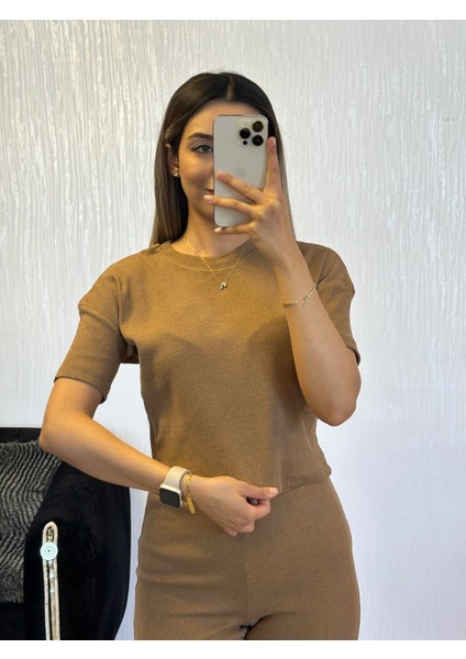 Fitilli Esnek Kumaş Basic Takım Camel