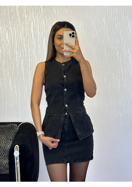 Antrasit Denim Sıfır Yaka Yelek Etek Takım