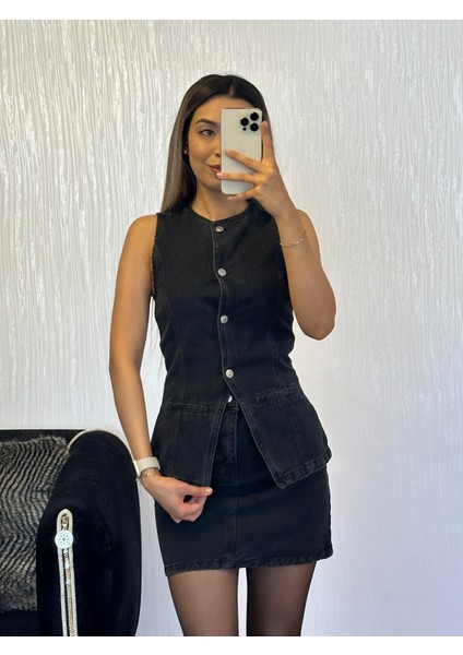 Antrasit Denim Sıfır Yaka Yelek Etek Takım fiyatları