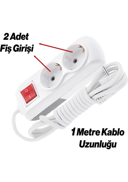 Grup Priz Fiş Çoğaltıcı 1 Metre Topraklı Anahtarlı Düğmeli Çoklu Kablolu 2'li Asmalı Uzatma