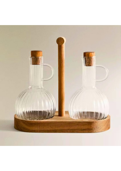 Borosilikat Cam ve Bambu Yağlık & Sirkelik Seti – 2'li, Doğal Ahşap Standlı, Şık Tasarım