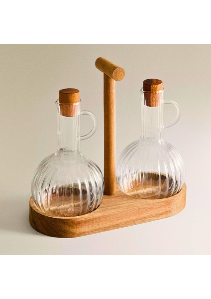 Borosilikat Cam ve Bambu Yağlık & Sirkelik Seti – 2'li, Doğal Ahşap Standlı, Şık Tasarım fırsatları