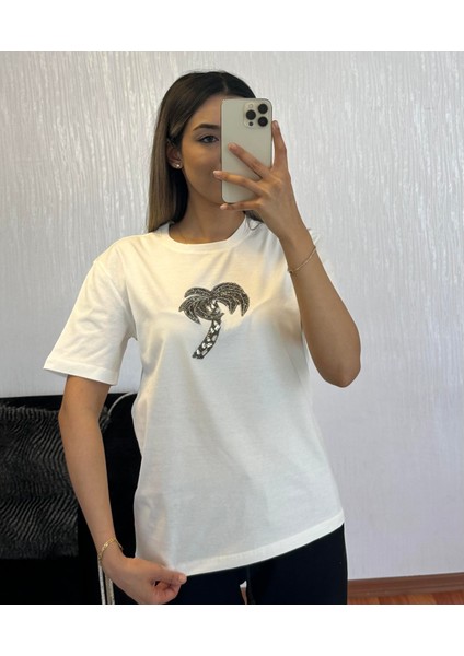 Marka Muadil Palmiye Taşlı T-Shirt Kırık Beyaz
