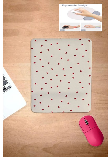 Kırmızı Kalpler, Kalp Desenli Bilek Destekli Konforlu Mouse Pad, Laptop Aksesuarı Bilgisayar Aksesuarı