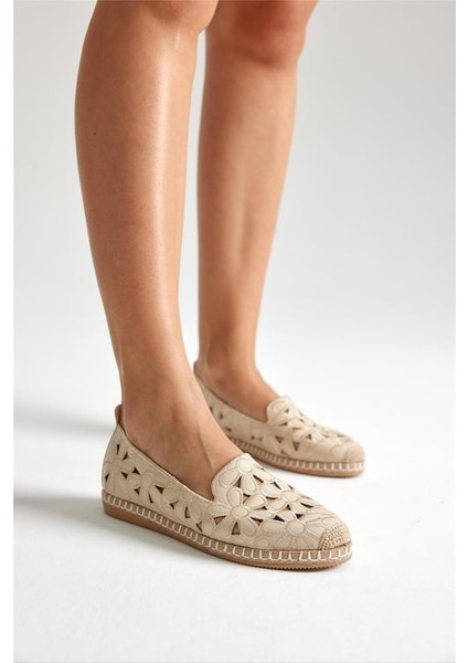 Green Mod 923 Kadın Hasırlı Nakışlı Espadril Babet Bej