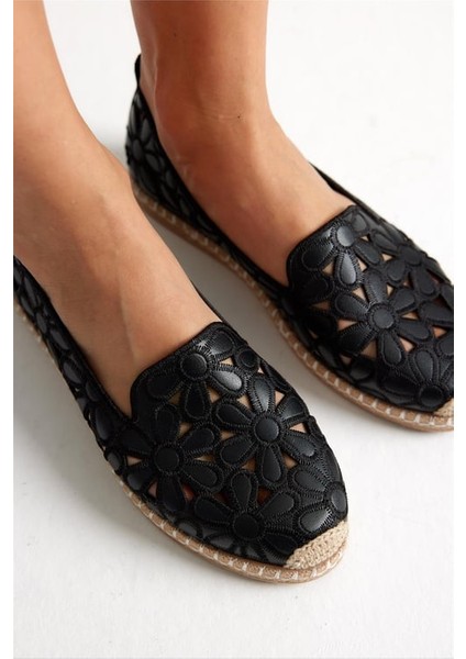 Green Mod 923 Kadın Hasırlı Nakışlı Espadril Babet Siyah