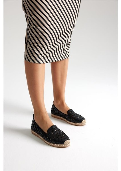Green Mod 923 Kadın Hasırlı Nakışlı Espadril Babet Siyah